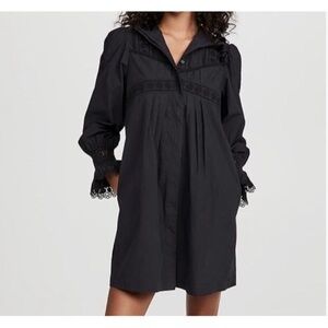 Rebecca Taylor Applique Lace Long Sleeve Poplin Dress Black Lace Trim Dress new